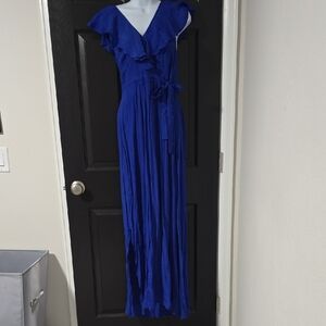 Elegant Royal Blue Maxi Dress with Ruffle V-Neck